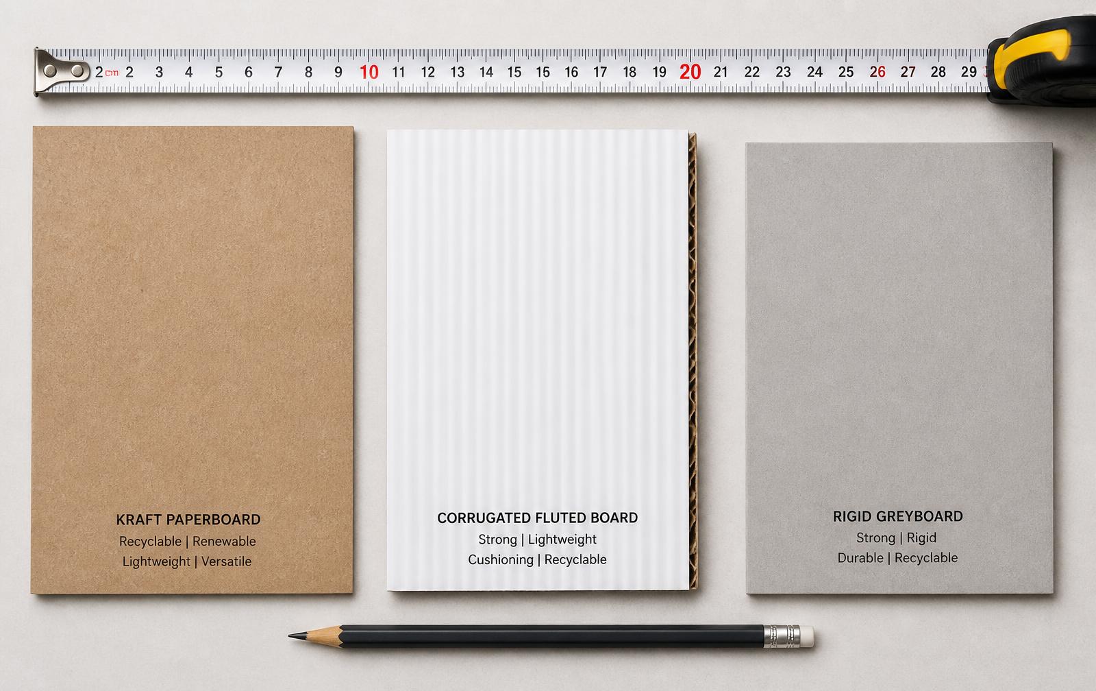 Kraft paperboard, white corrugated fluted board and rigid greyboard samples laid out with a measuring tape