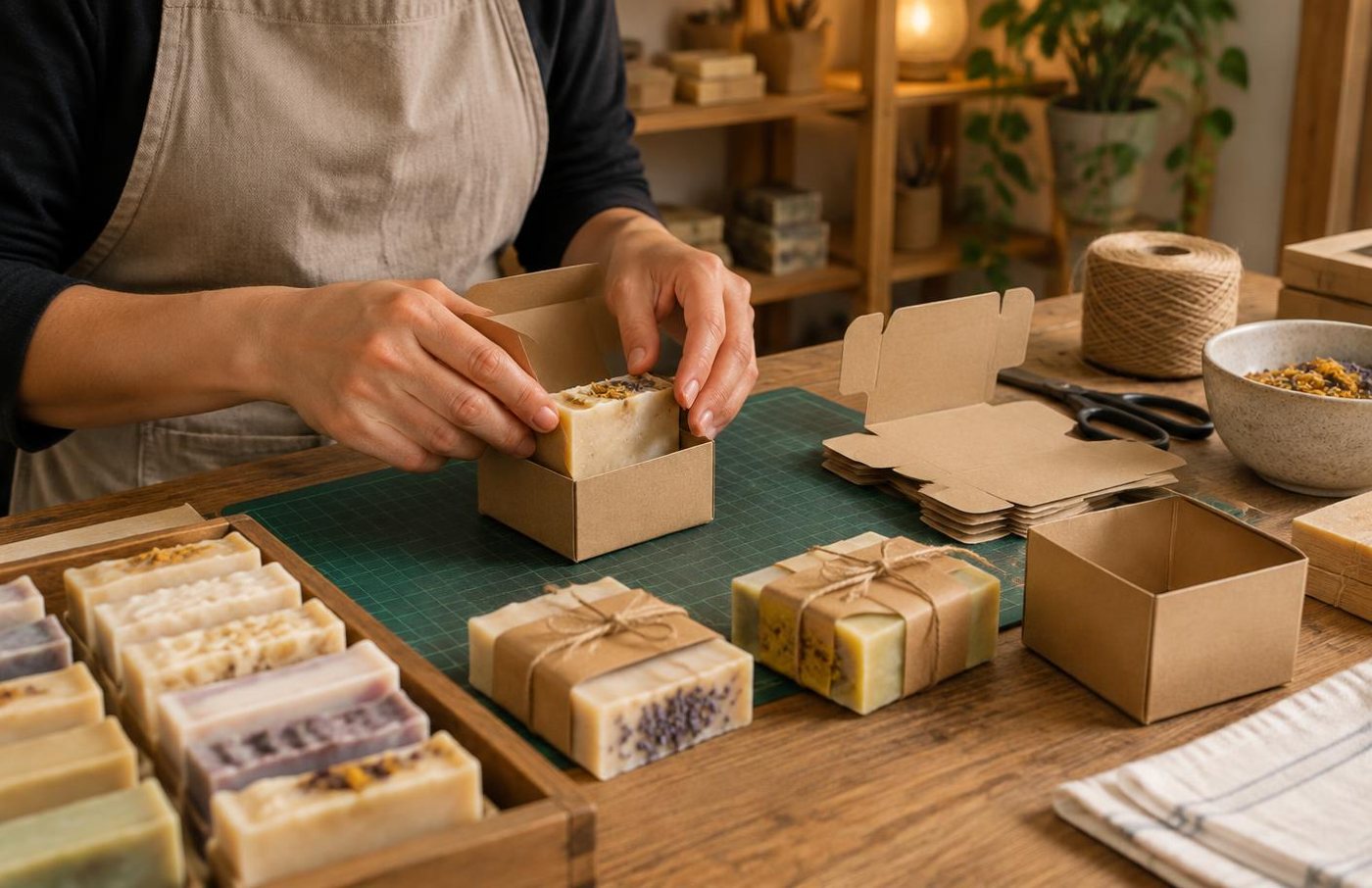 Maker packing handmade soap bars into small kraft cartons and paper sleeves on a workshop bench