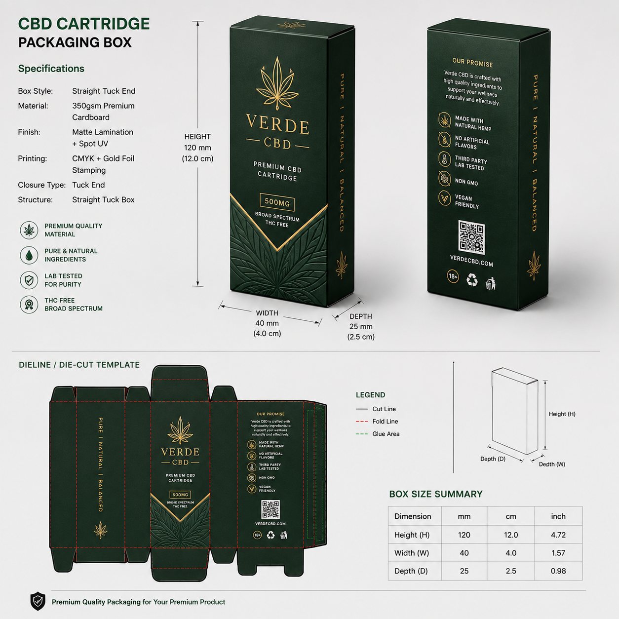Custom CBD Cartridge Packaging Box Design with 3D Dimensions & Die Line Layout — Packaging Designed Around Your Product