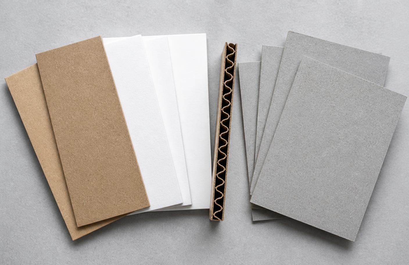 Kraft, white SBS, corrugated and rigid greyboard packaging material samples fanned out