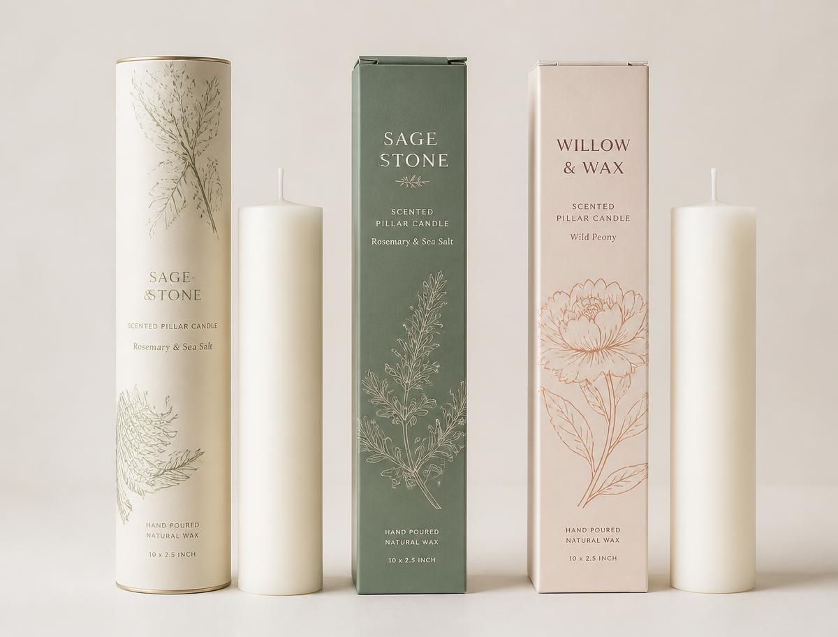 Custom printed pillar candle packaging in any size category