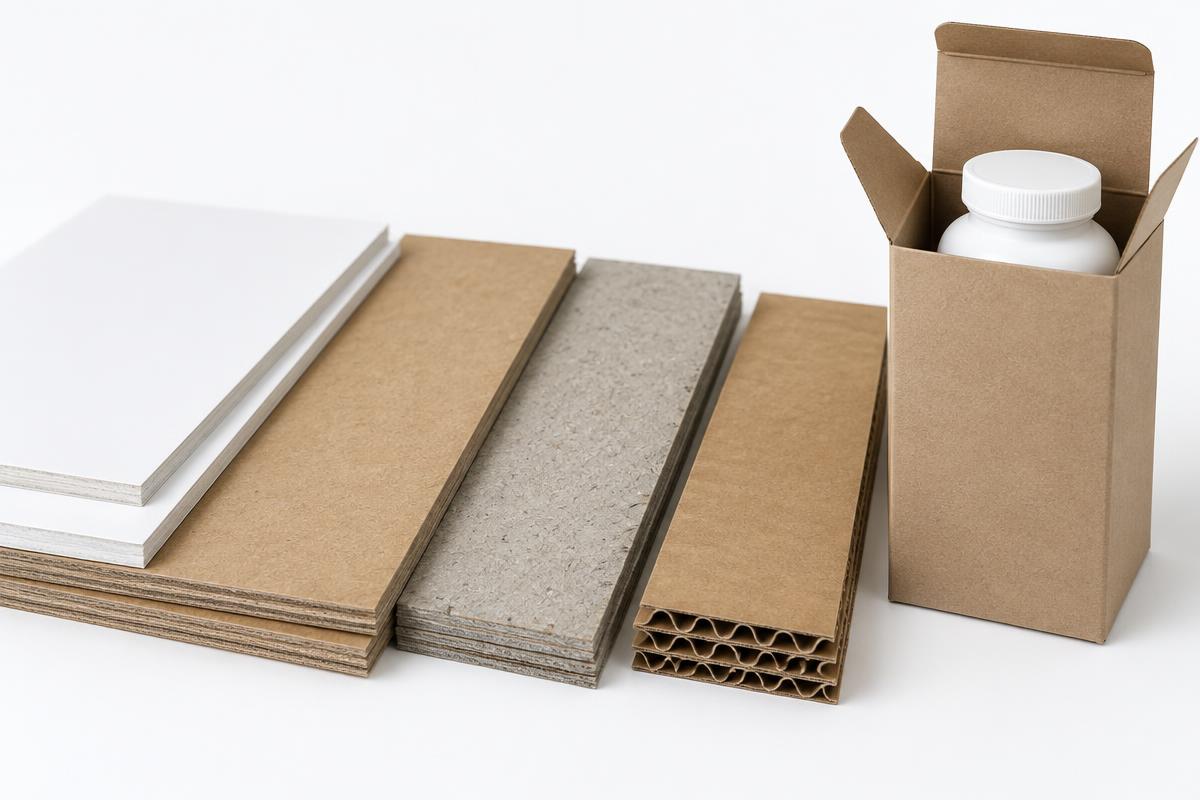 White paperboard, kraft, recycled board and corrugated materials for custom supplement packaging