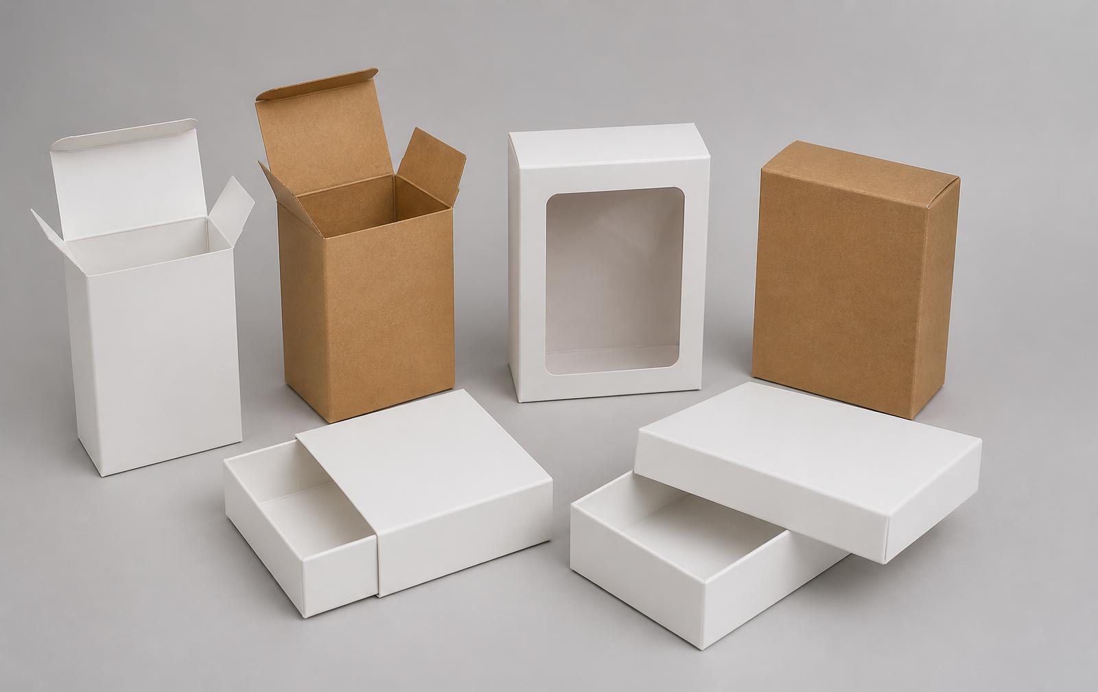 Tuck-end, auto-bottom, sleeve and tray, window and two-piece box styles displayed together in white and kraft board