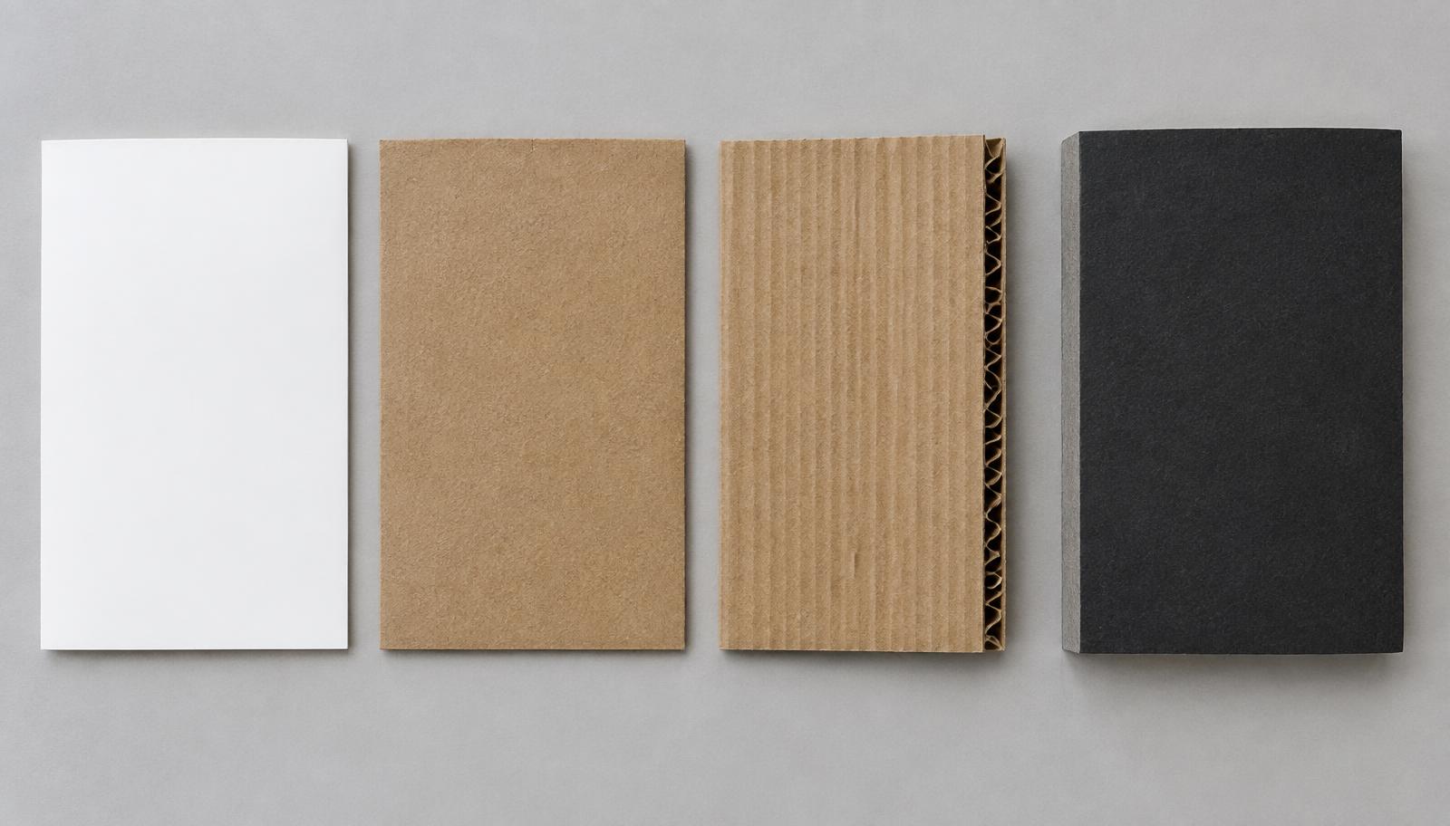 White coated SBS board, brown kraft board, E-flute corrugated board and thick black rigid greyboard samples laid side by side