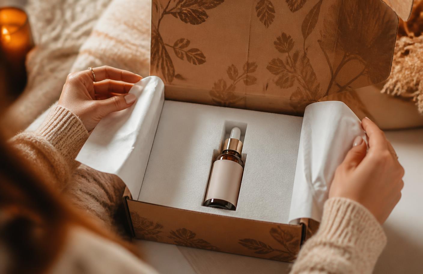 Customer opening a custom printed mailer box with tissue paper and a snug insert