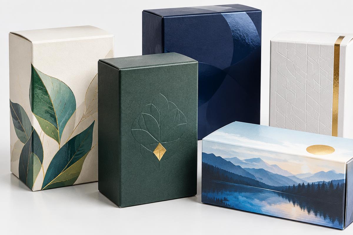Supplement cartons showing matte coating, spot gloss, embossing, foil and color printing