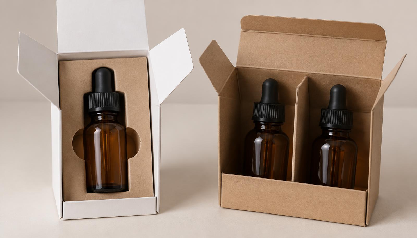 Die-cut card insert holding an amber CBD dropper bottle upright inside a white carton beside a two-bottle divided kraft carton