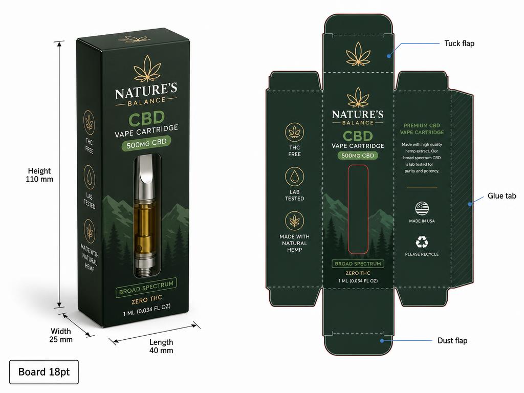 Custom printed custom cbd vape boxes with 3d mockup & dieline packaging