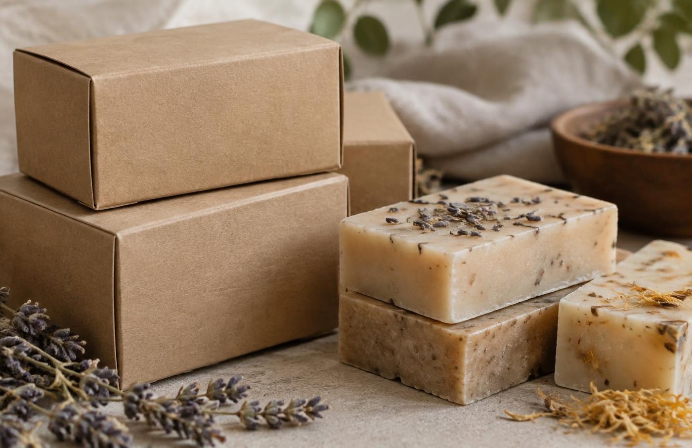 Brown kraft soap boxes stacked next to handmade soap bars with lavender and dried botanicals