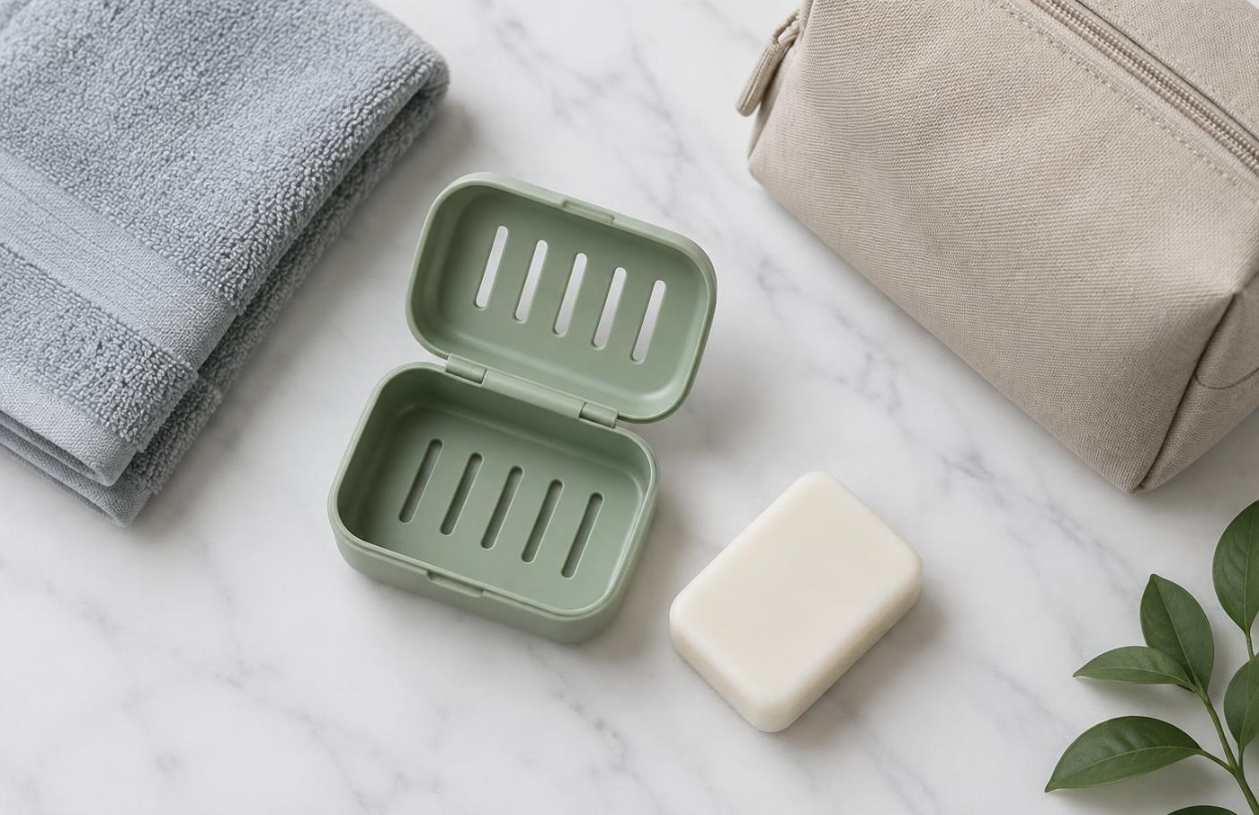 Green travel soap box with a vented lid, beside a small soap bar, folded towel and toiletry pouch