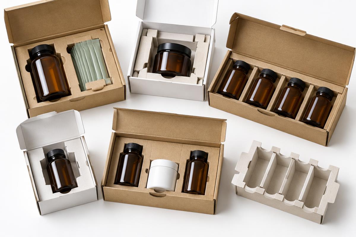 Recyclable paperboard inserts securing bottles, jars and sachets inside supplement boxes